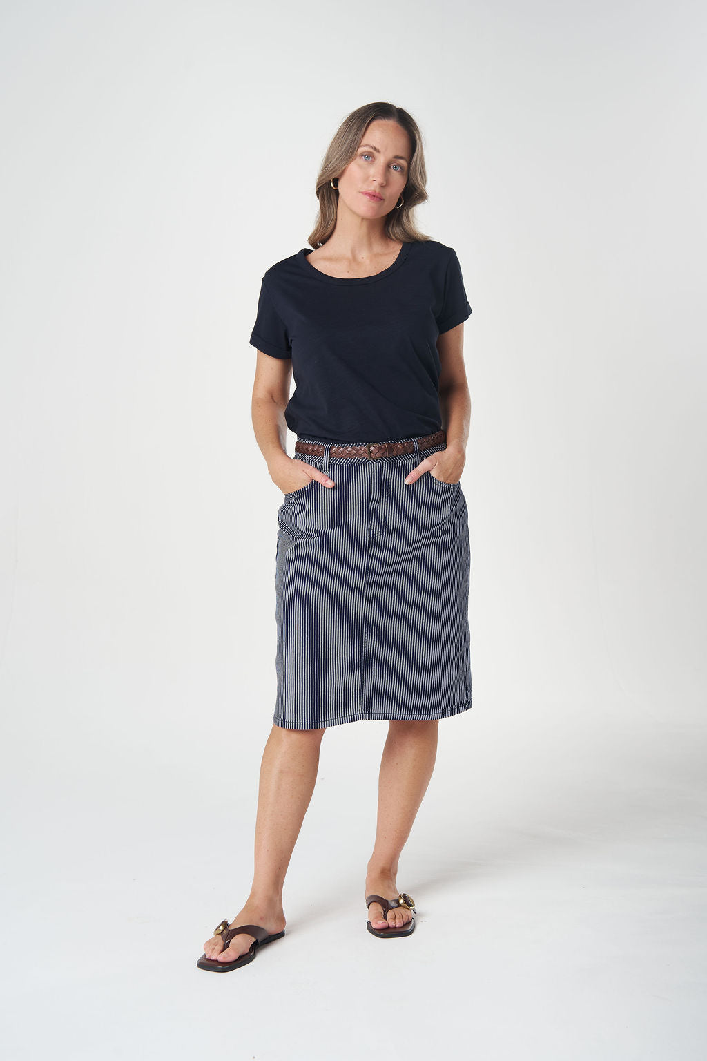 Goondiwindi Cotton 5 Pocket Stripe Skirt - Dark Navy/White