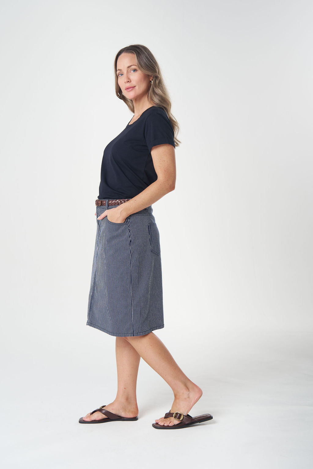 Goondiwindi Cotton 5 Pocket Stripe Skirt - Dark Navy/White