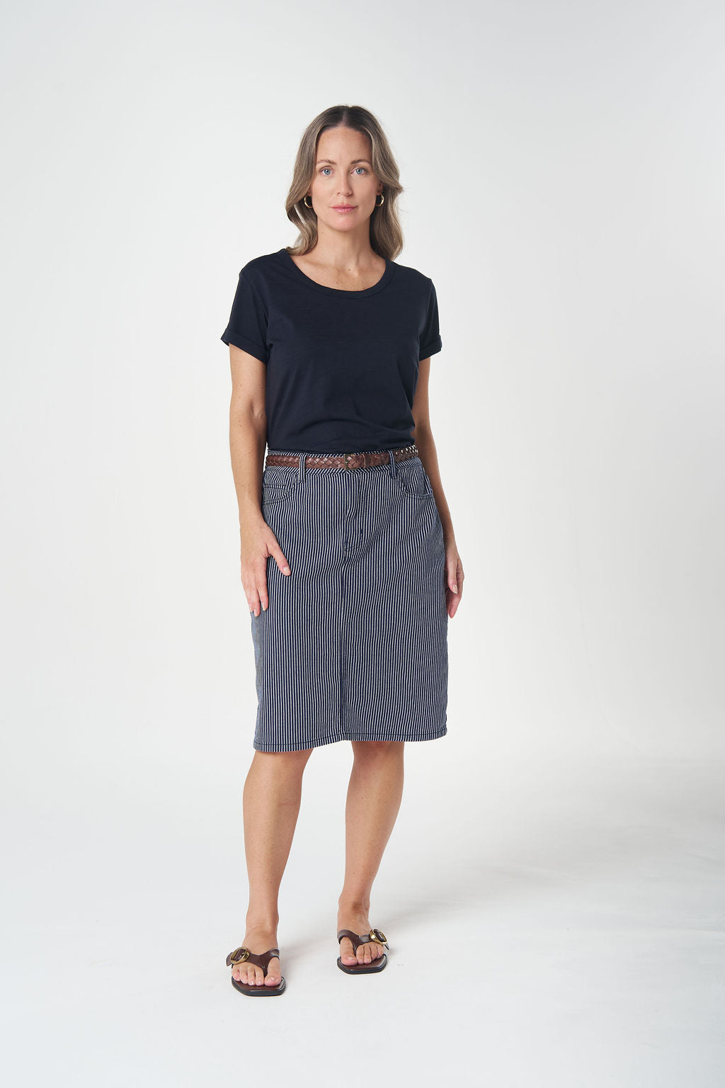 Goondiwindi Cotton 5 Pocket Stripe Skirt - Dark Navy/White