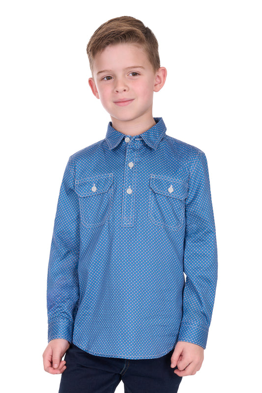 Hard Slog Kid’s Holden Half Placket Long Sleeve Shirt – Navy/Blue