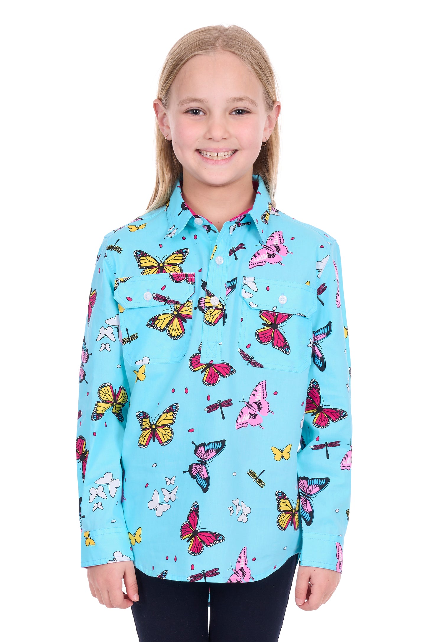 Hard Slog Girl's Iva Half Placket Long Sleeve Shirt - Blue