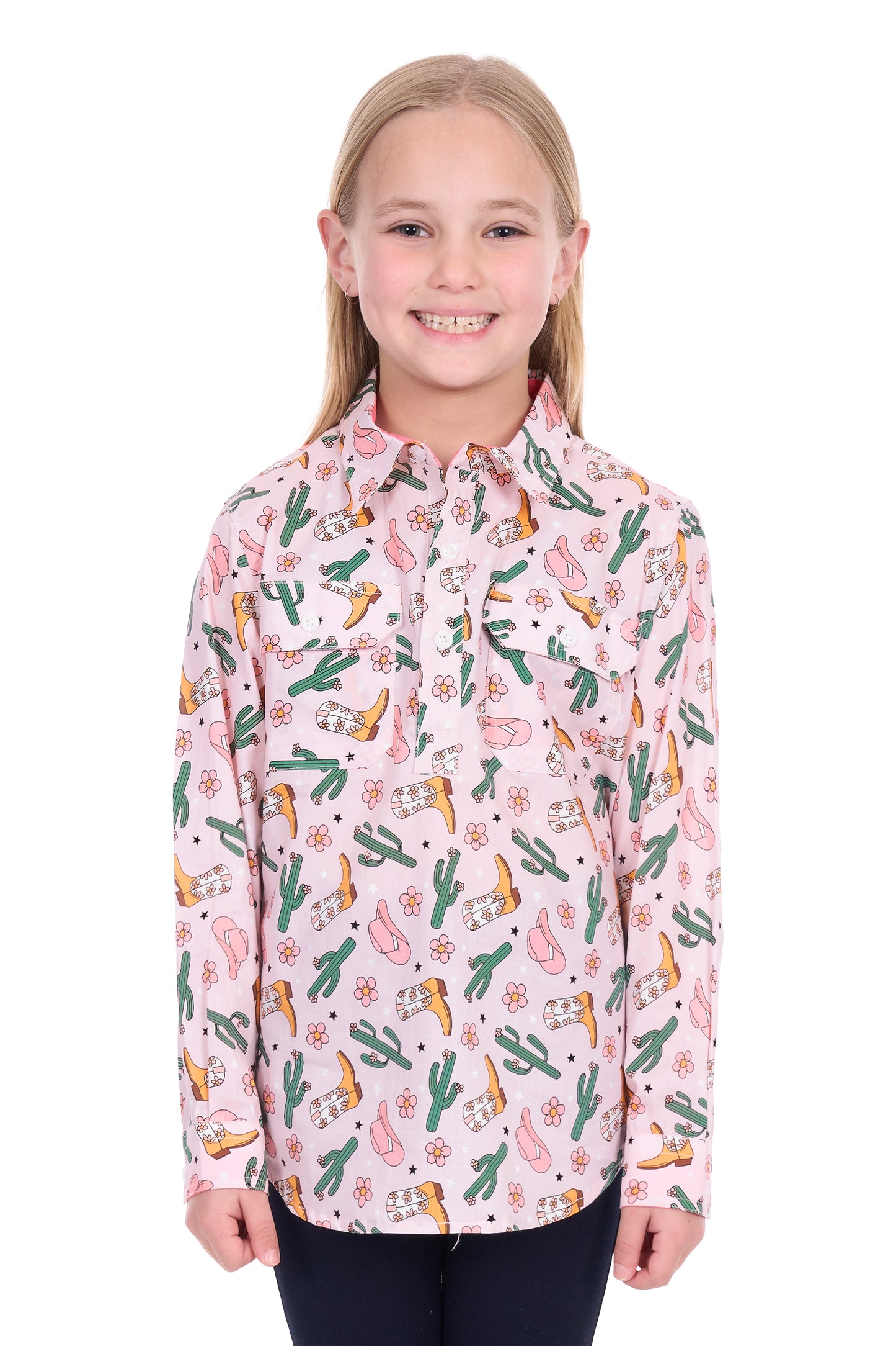 Hard Slog Girl’s Cleo Half Placket Long Sleeve Shirt - Pink