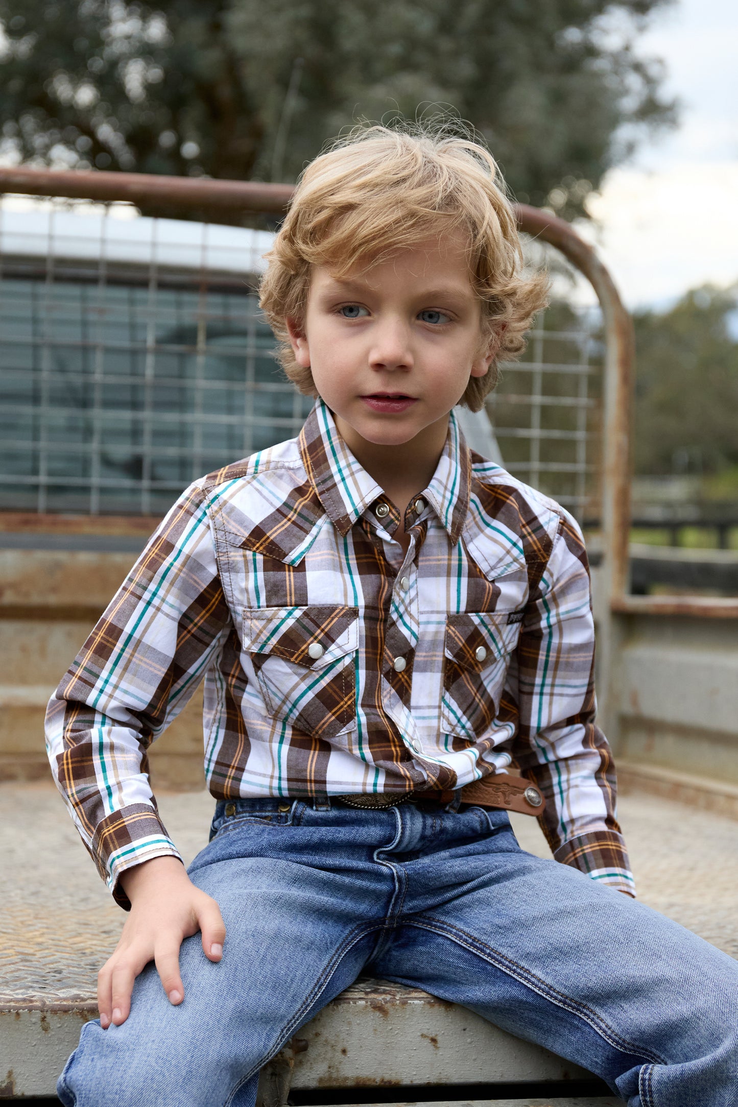Pure Western Boy’s Roger Check Western Long Sleeve Shirt – Dark Tan/White