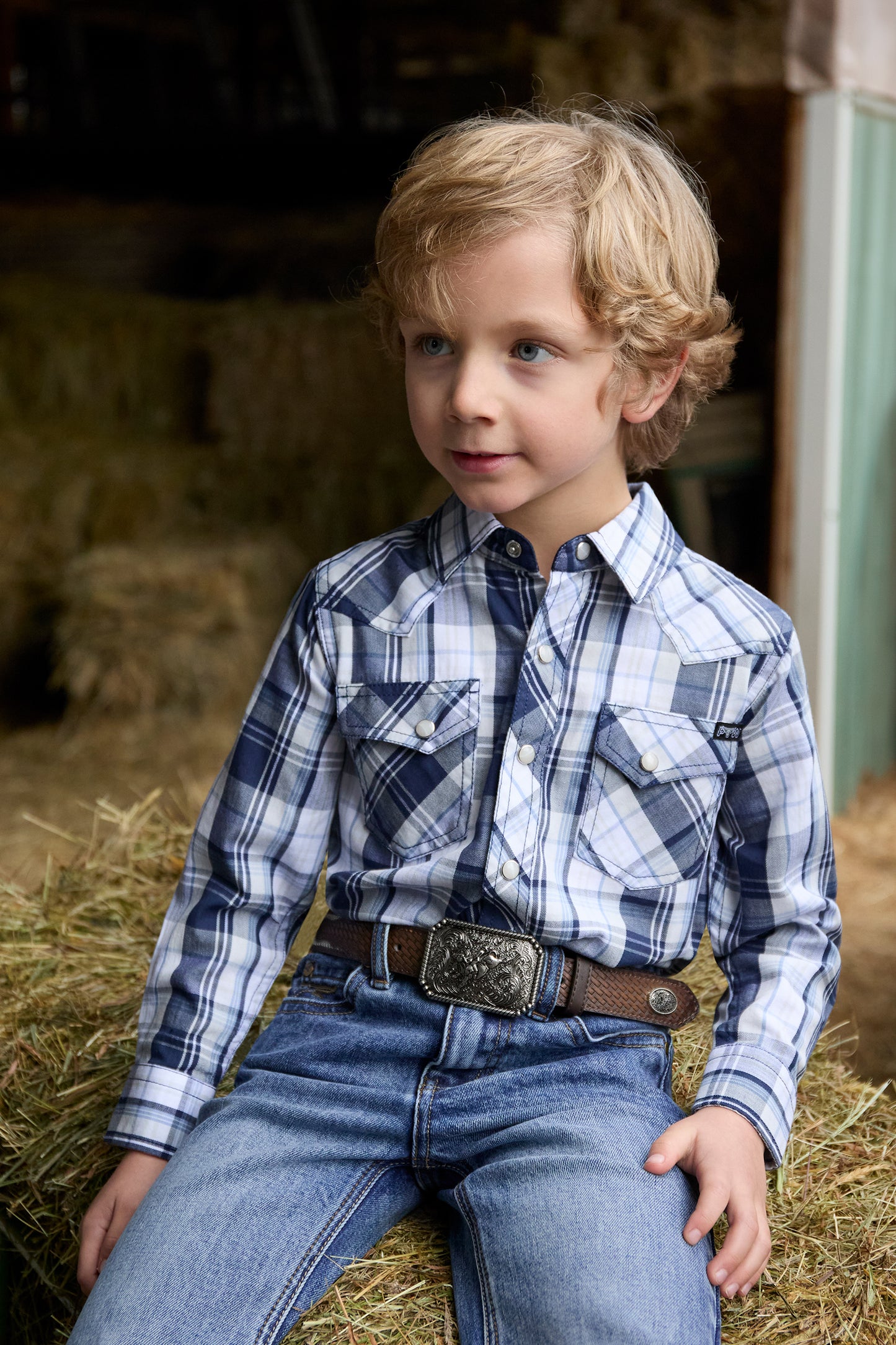 Pure Western Boy’s Billy Check Western Long Sleeve Shirt – Navy/White