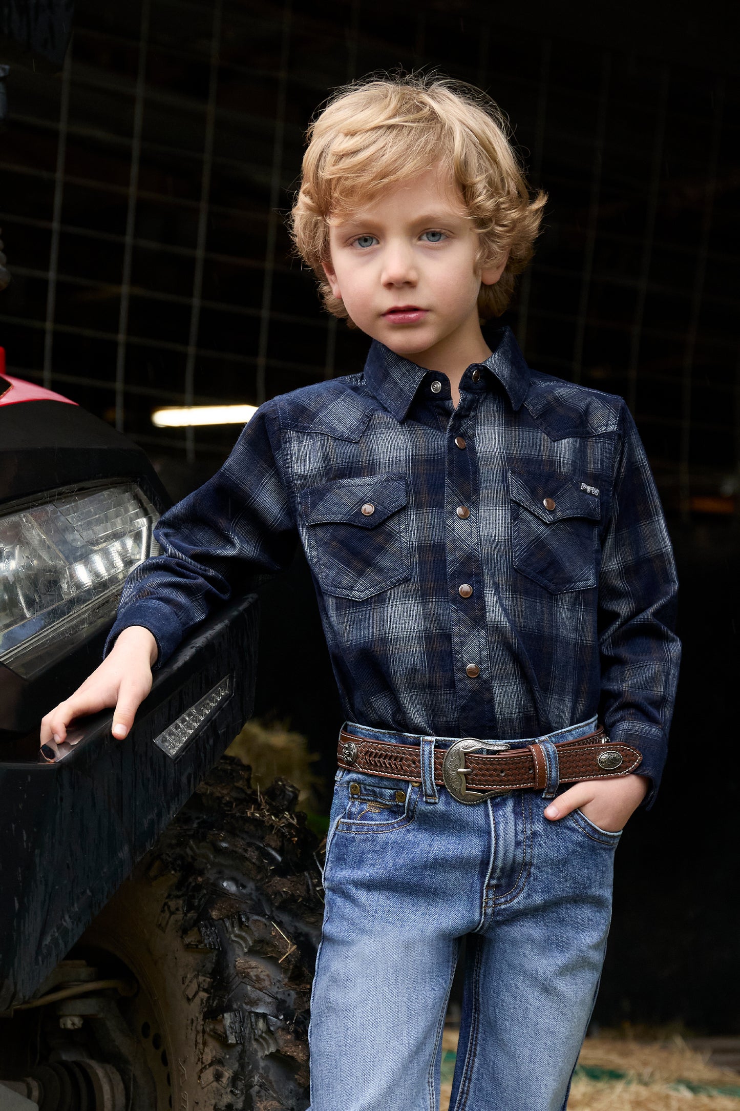 Pure Western Boy’s Harley Check Cord Western Long Sleeve Shirt – Navy/Tan