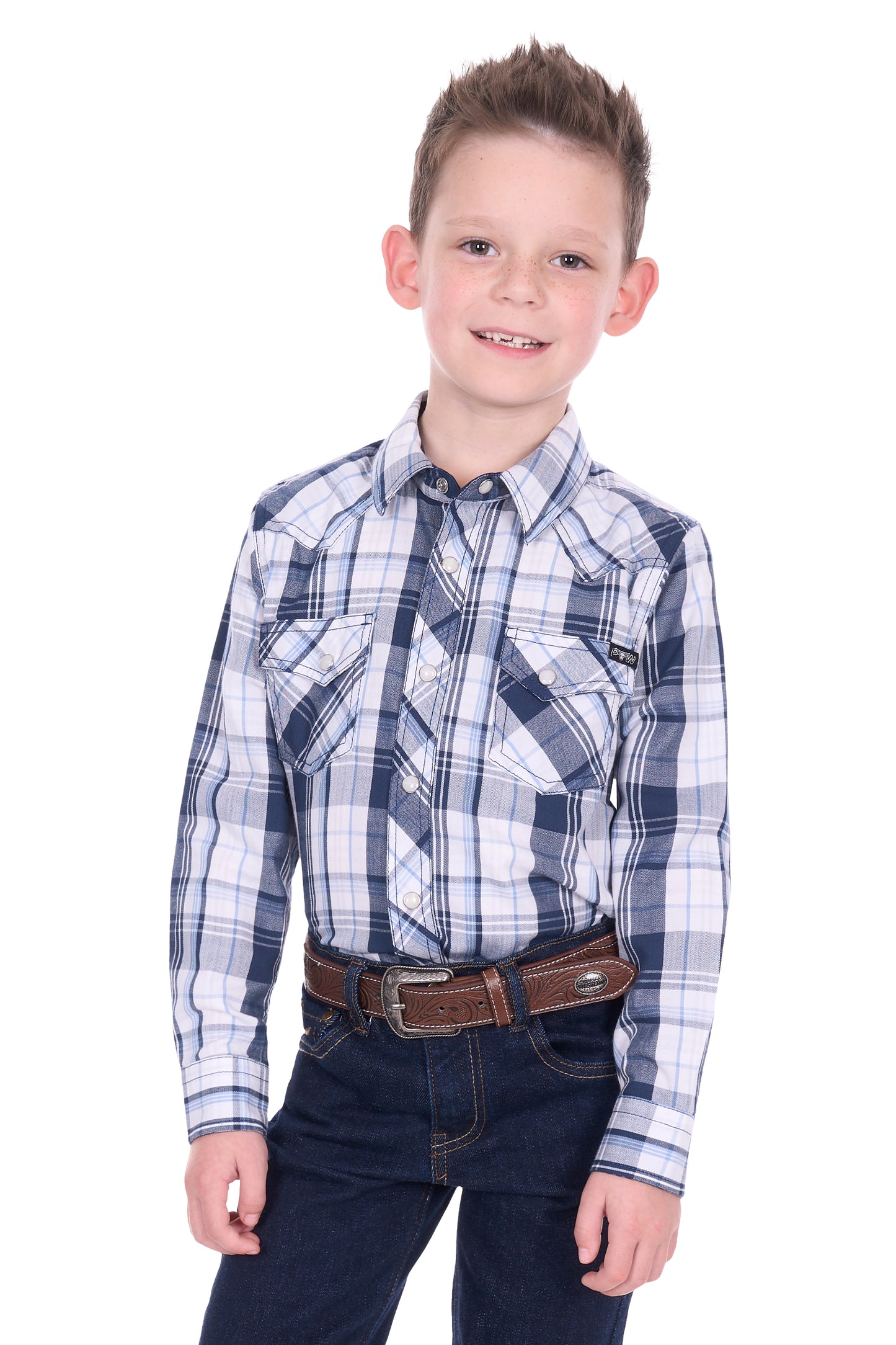 Pure Western Boy’s Billy Check Western Long Sleeve Shirt – Navy/White