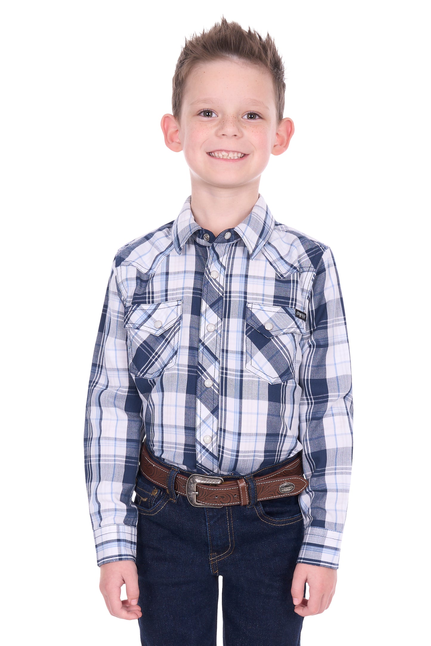 Pure Western Boy’s Billy Check Western Long Sleeve Shirt – Navy/White