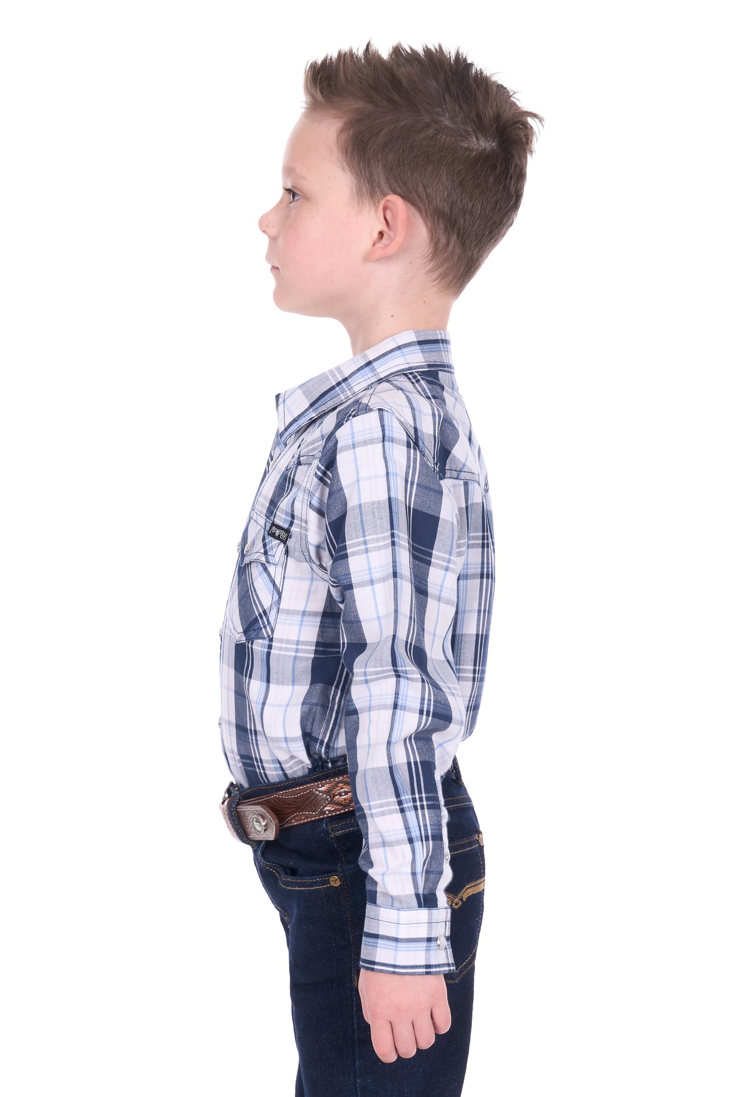 Pure Western Boy’s Billy Check Western Long Sleeve Shirt – Navy/White