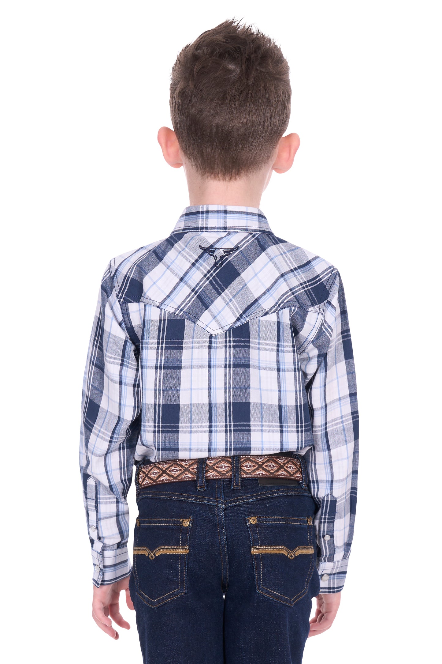Pure Western Boy’s Billy Check Western Long Sleeve Shirt – Navy/White