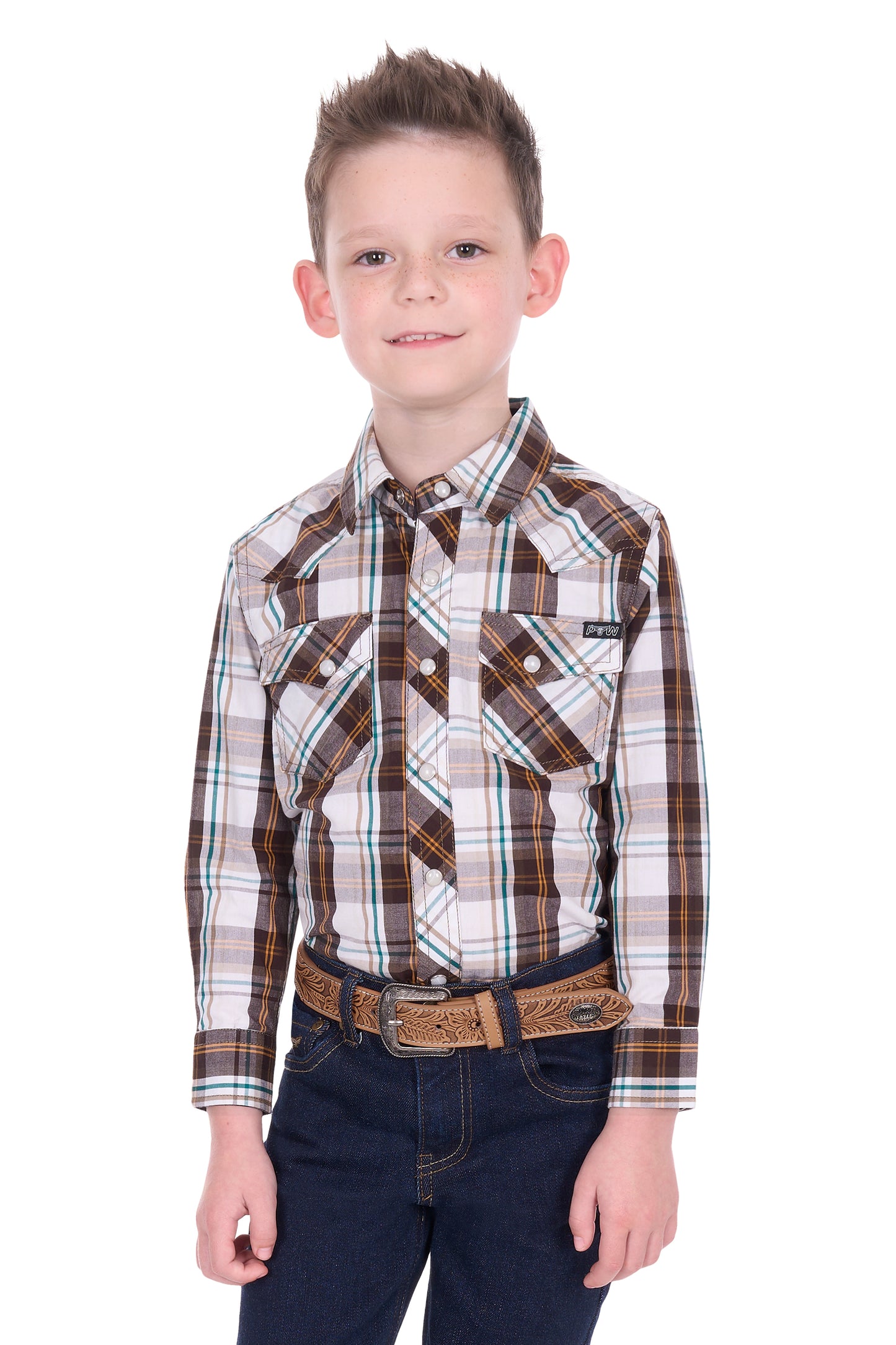 Pure Western Boy’s Roger Check Western Long Sleeve Shirt – Dark Tan/White