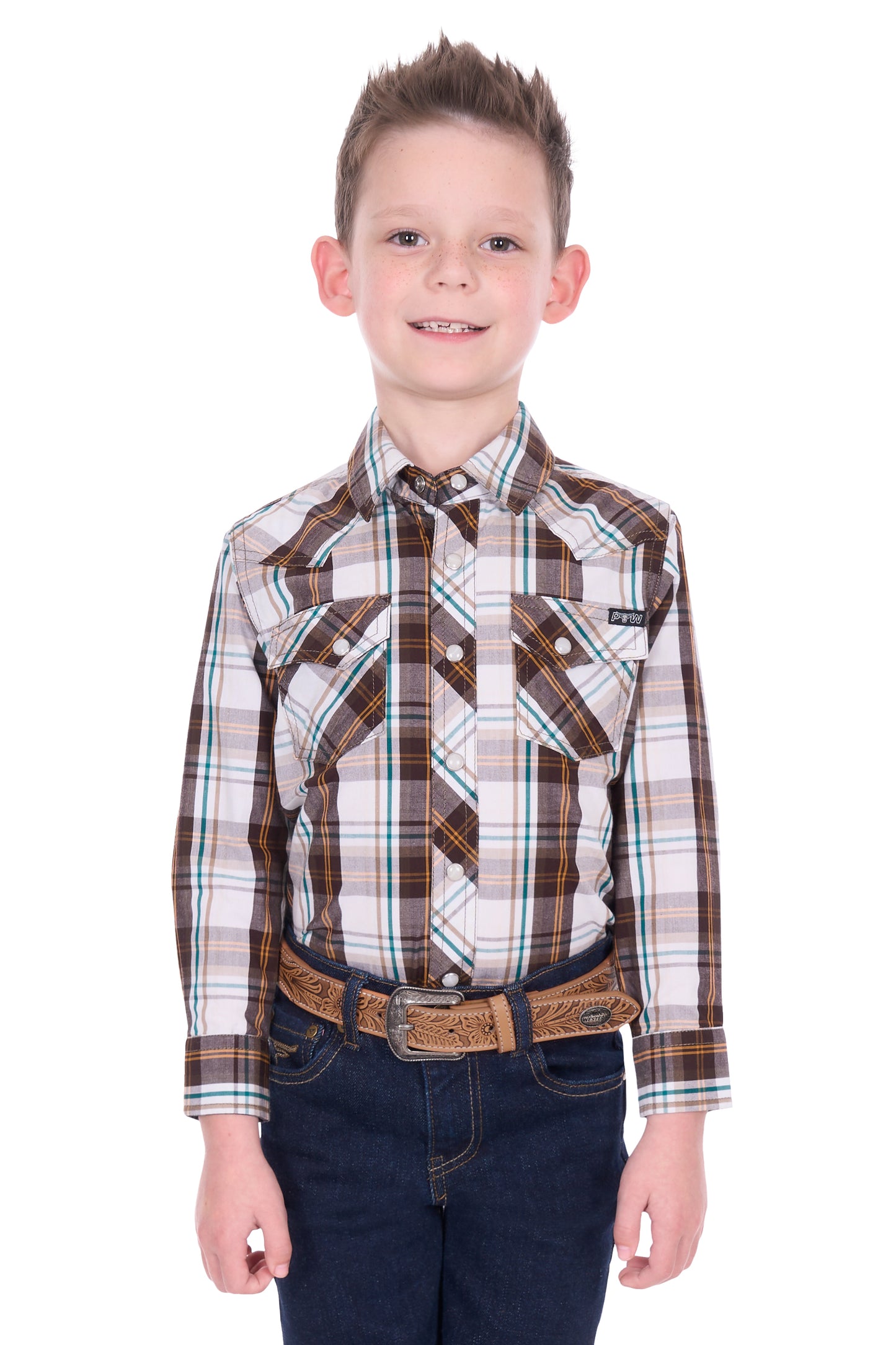 Pure Western Boy’s Roger Check Western Long Sleeve Shirt – Dark Tan/White