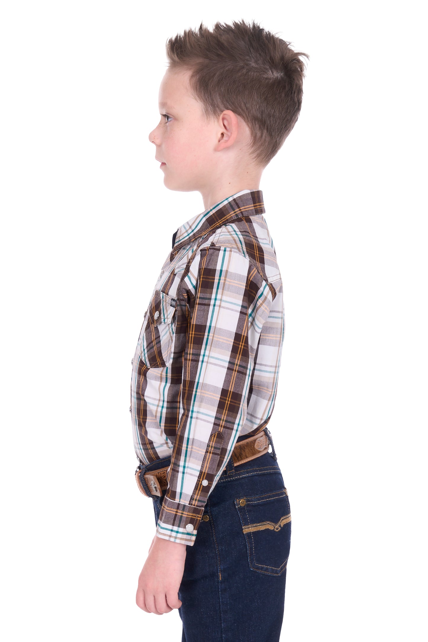 Pure Western Boy’s Roger Check Western Long Sleeve Shirt – Dark Tan/White