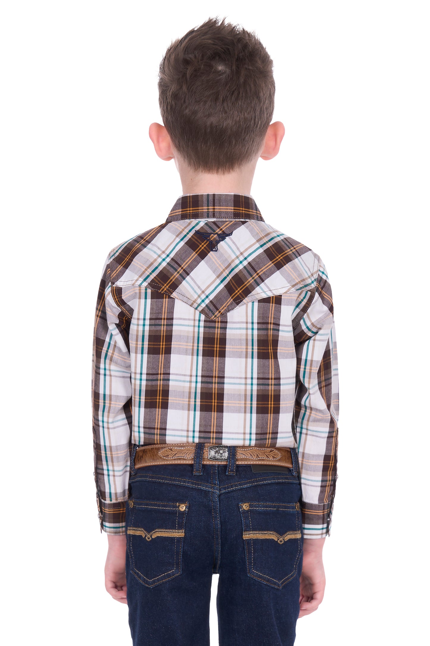 Pure Western Boy’s Roger Check Western Long Sleeve Shirt – Dark Tan/White