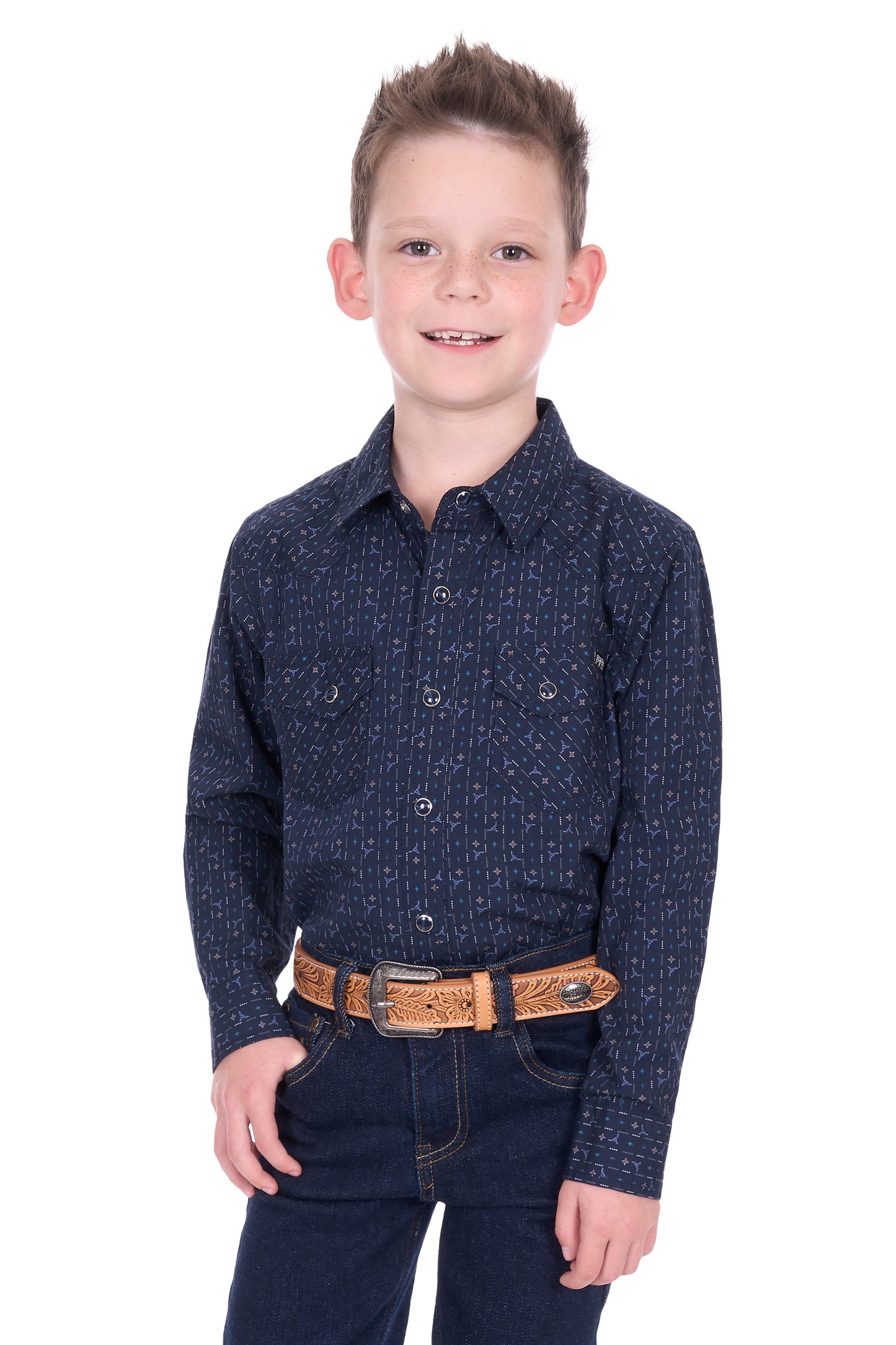 Pure Western Boy’s Marc Print Western Long Sleeve Shirt – Navy/Multi