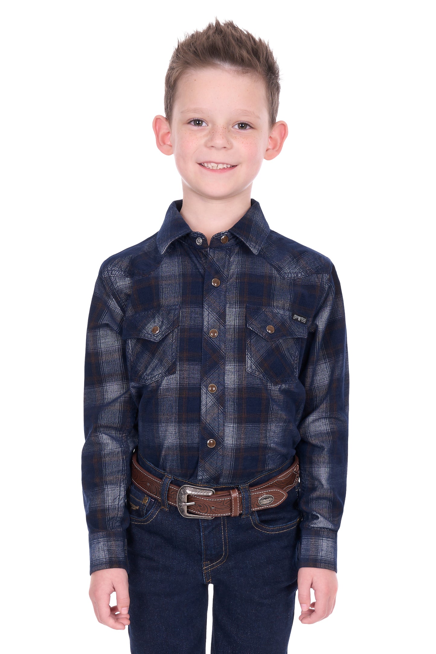 Pure Western Boy’s Harley Check Cord Western Long Sleeve Shirt – Navy/Tan