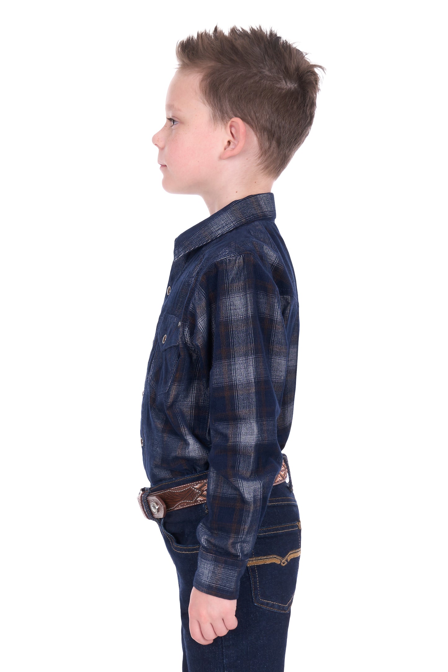 Pure Western Boy’s Harley Check Cord Western Long Sleeve Shirt – Navy/Tan