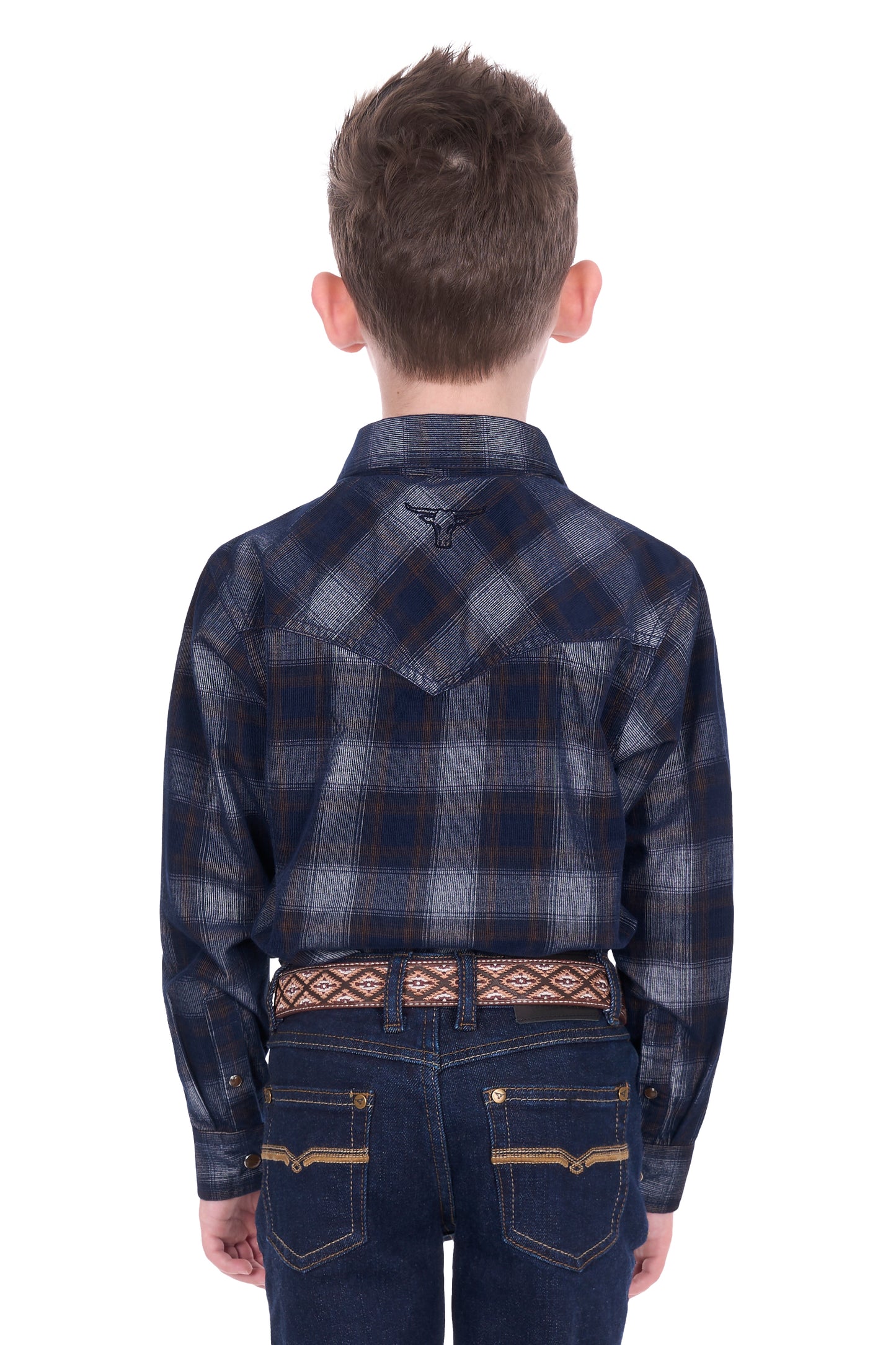 Pure Western Boy’s Harley Check Cord Western Long Sleeve Shirt – Navy/Tan