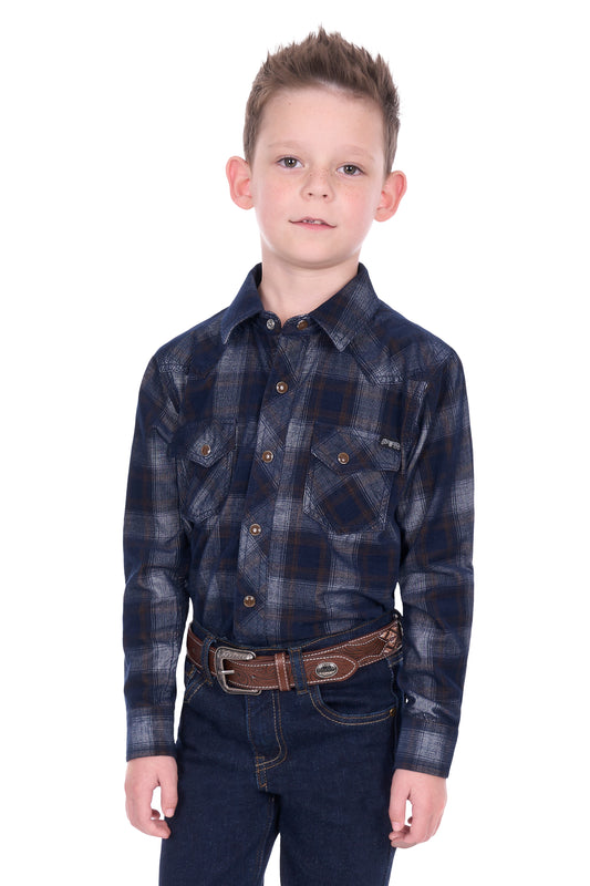 Pure Western Boy’s Harley Check Cord Western Long Sleeve Shirt – Navy/Tan
