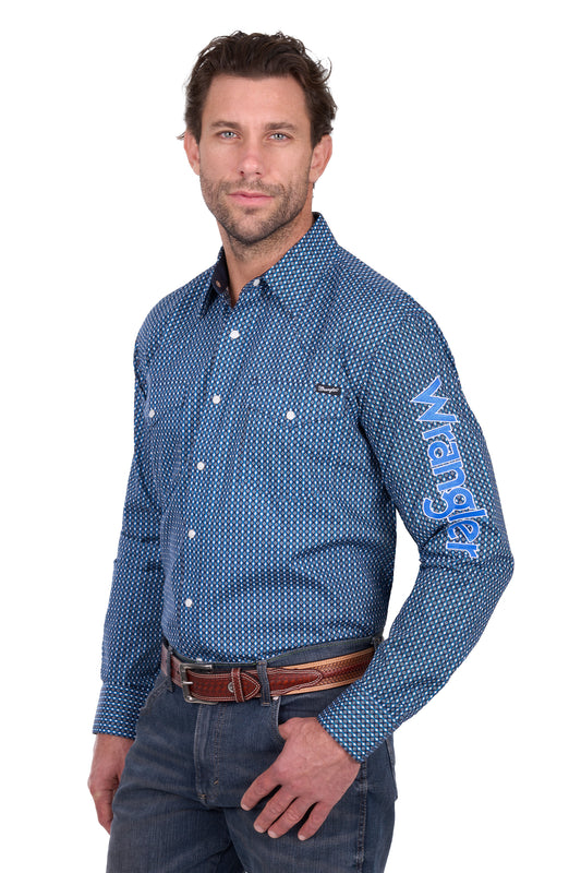 Wrangler Men’s Kyle Print Logo Western Long Sleeve Shirt