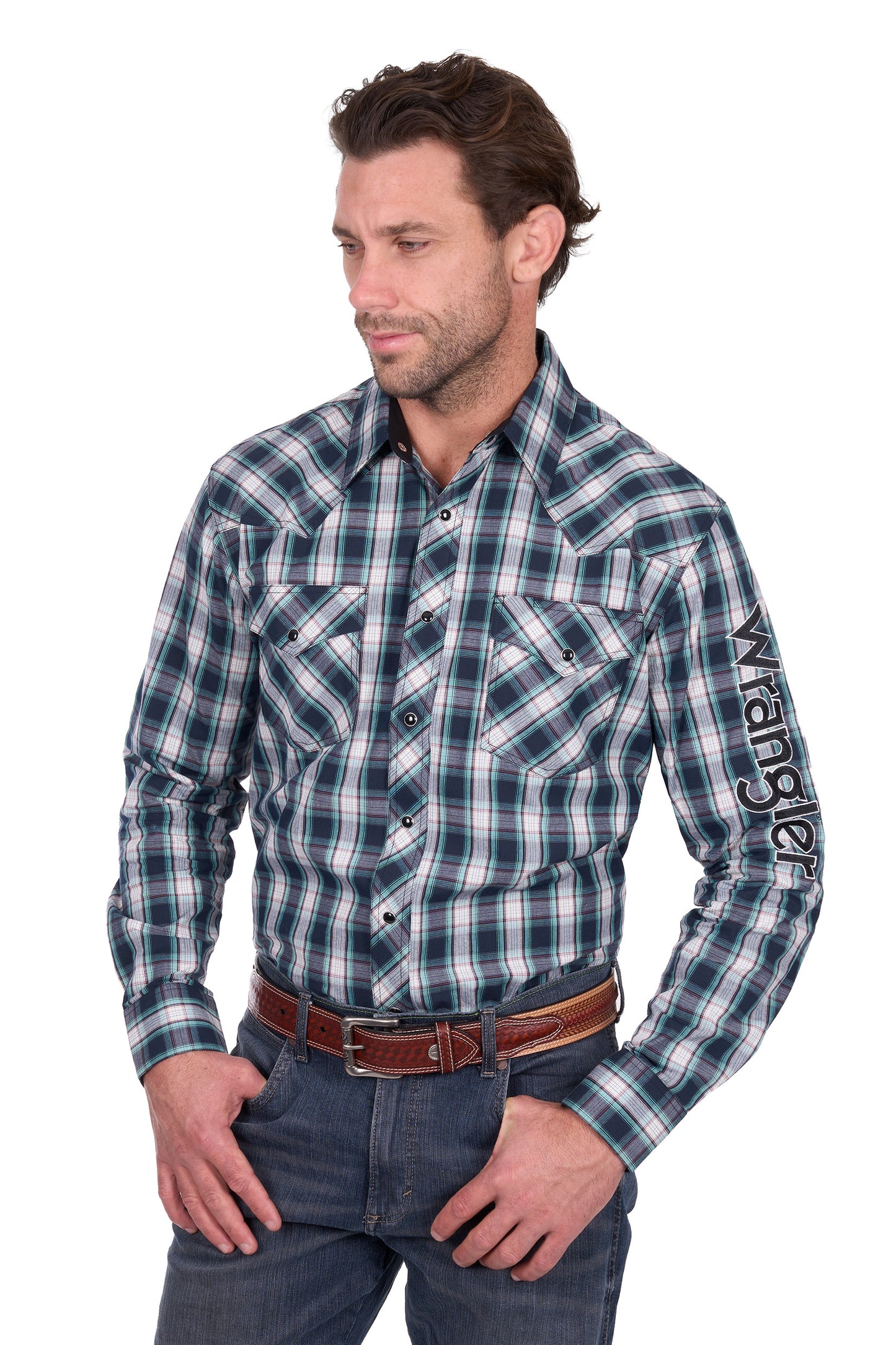 Wrangler Men’s Dustin Check Logo Western Long Sleeve Shirt
