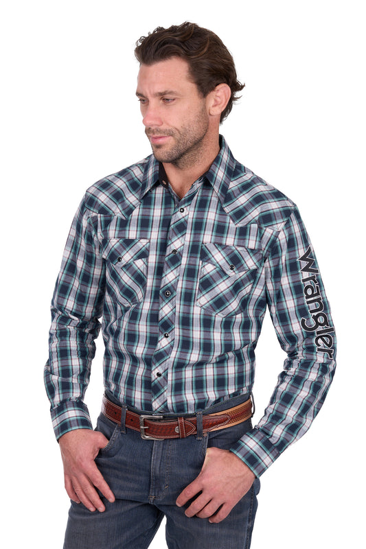 Wrangler Men’s Dustin Check Logo Western Long Sleeve Shirt