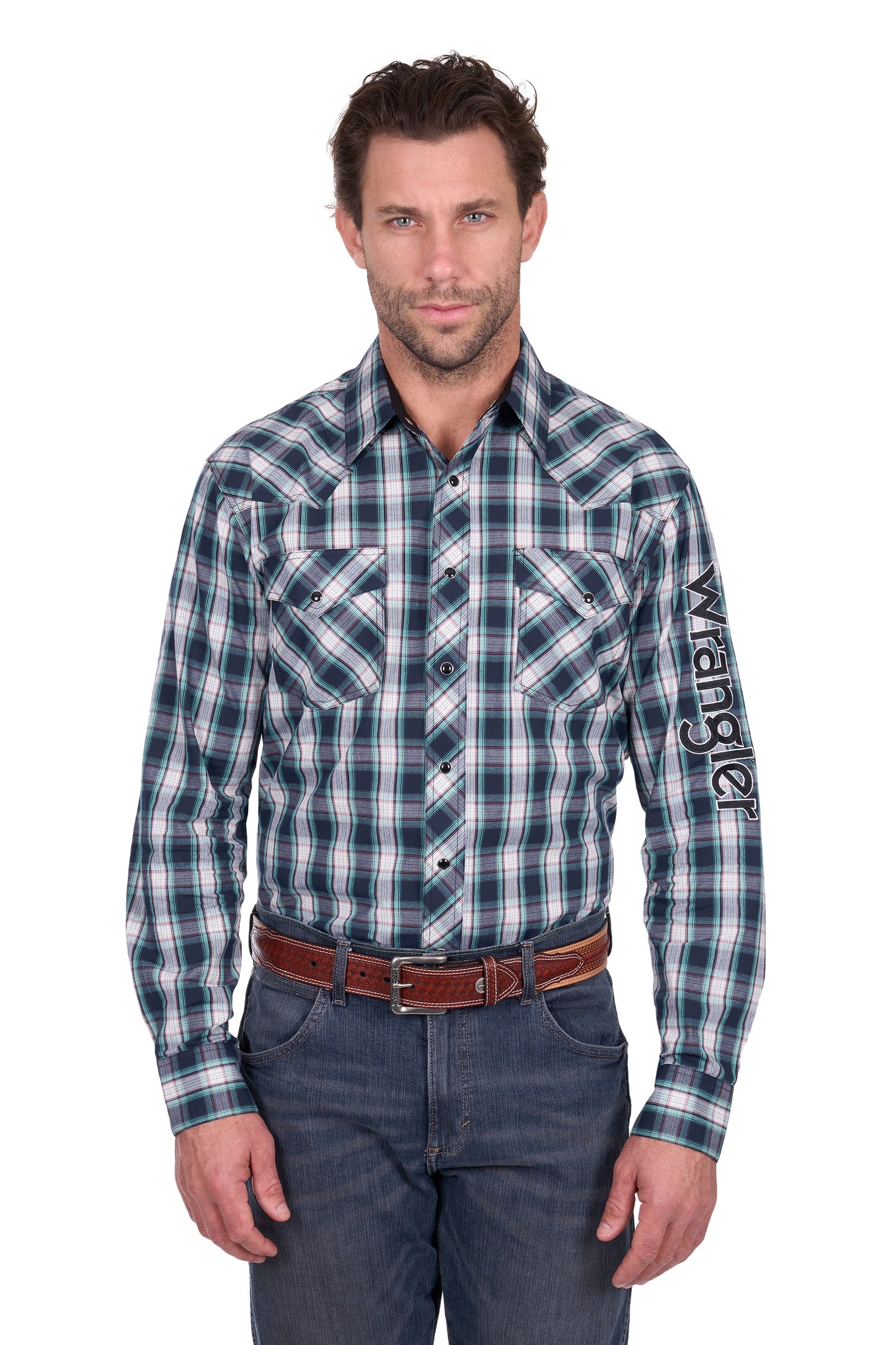 Wrangler Men’s Dustin Check Logo Western Long Sleeve Shirt