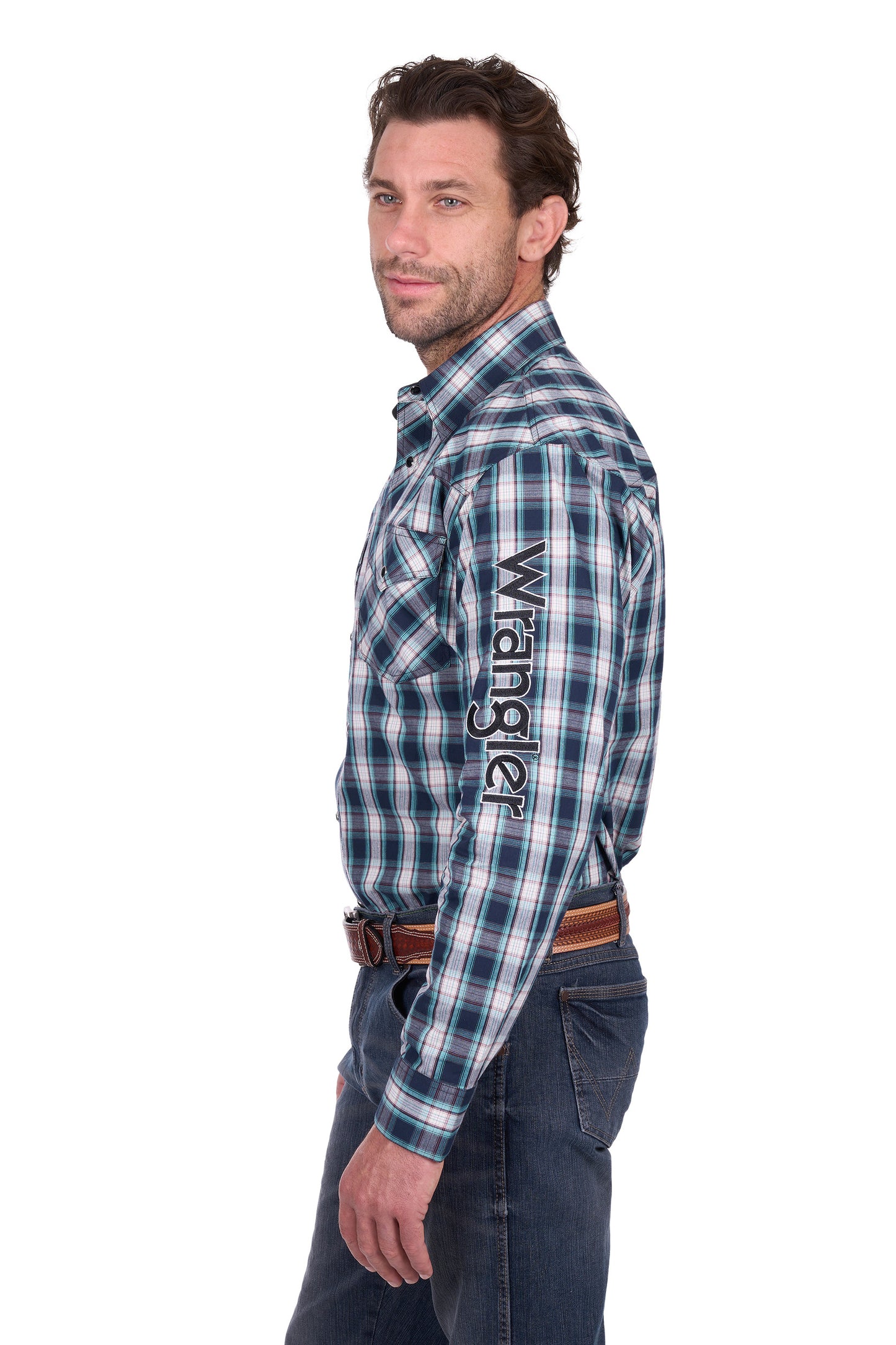 Wrangler Men’s Dustin Check Logo Western Long Sleeve Shirt