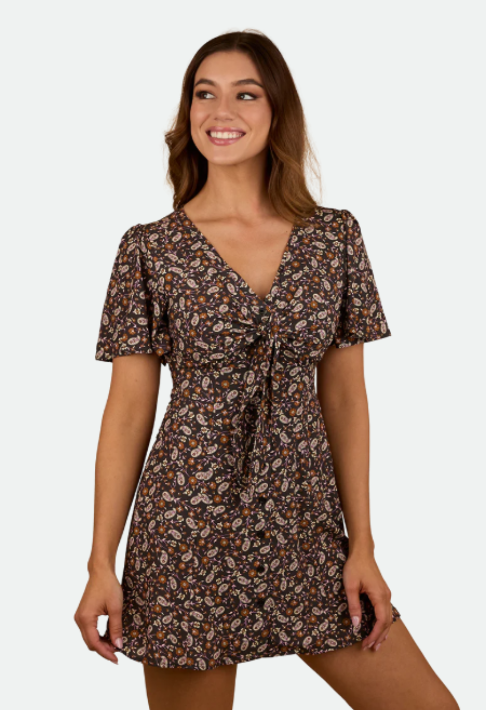 Ringers Western Womens Patsy Tie Front Mini Dress - Charcoal