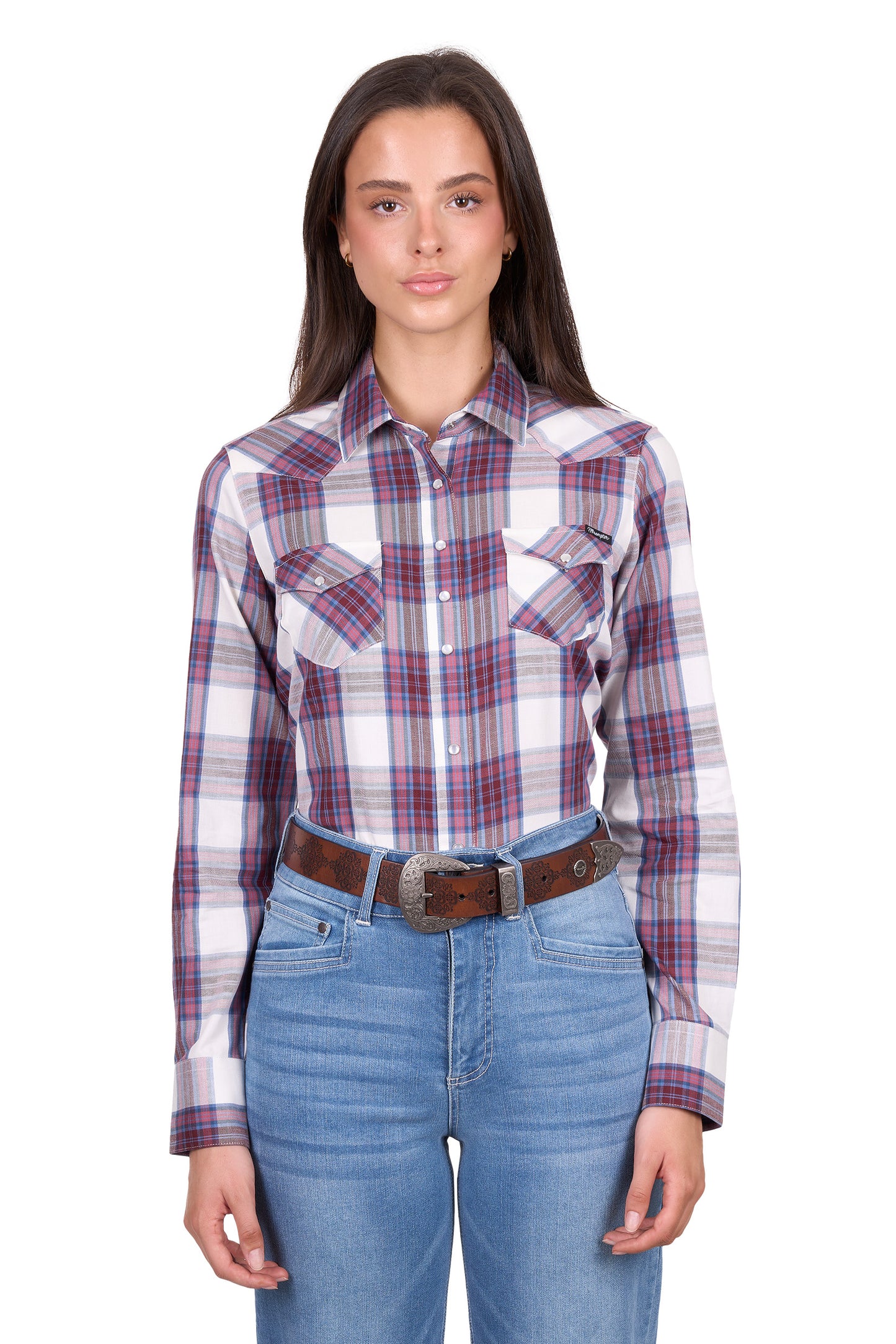Wrangler Women’s Jaclyn Check Western Long Sleeve Shirt - Berry