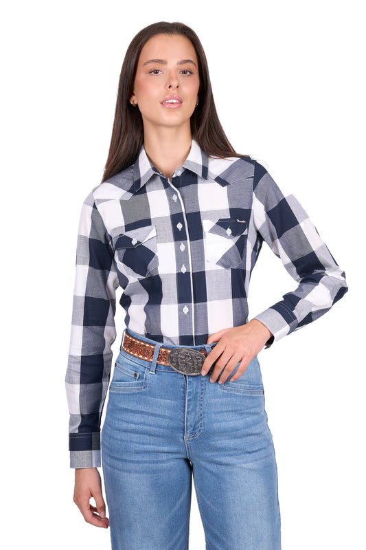 Wrangler Women’s Jewell Check Western Long Sleeve Shirt – Navy