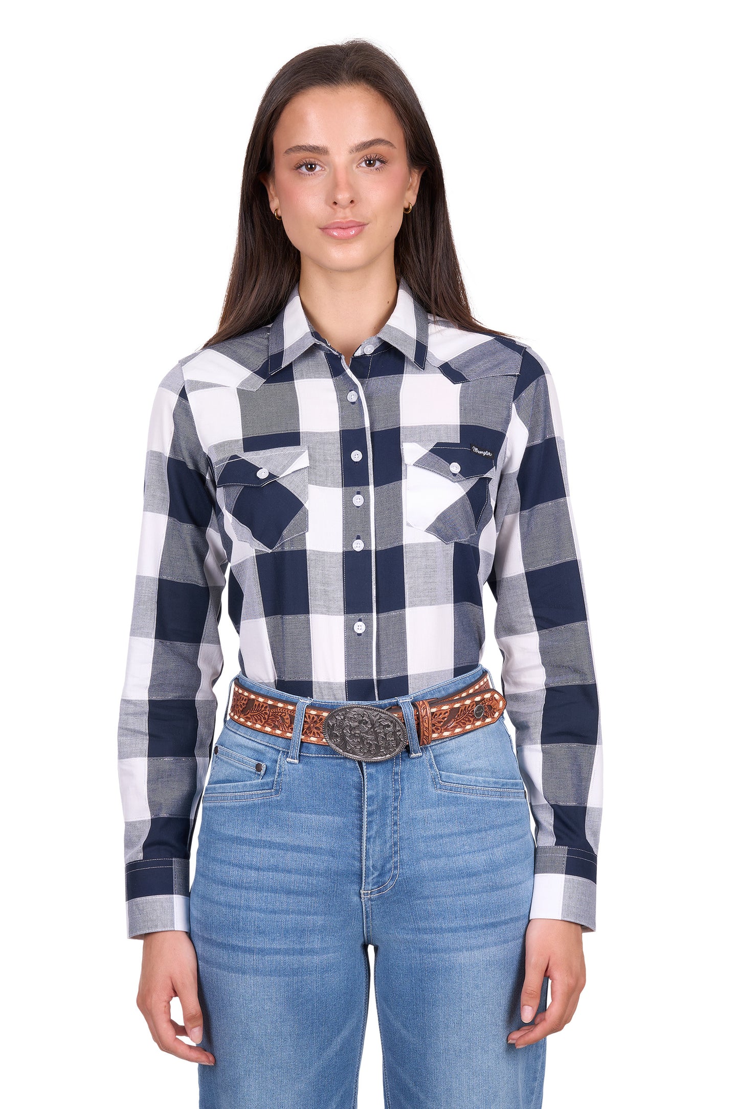 Wrangler Women’s Jewell Check Western Long Sleeve Shirt – Navy