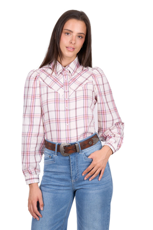 Wrangler Women’s Henley Check Western Long Sleeve Shirt – Ivory/Pink