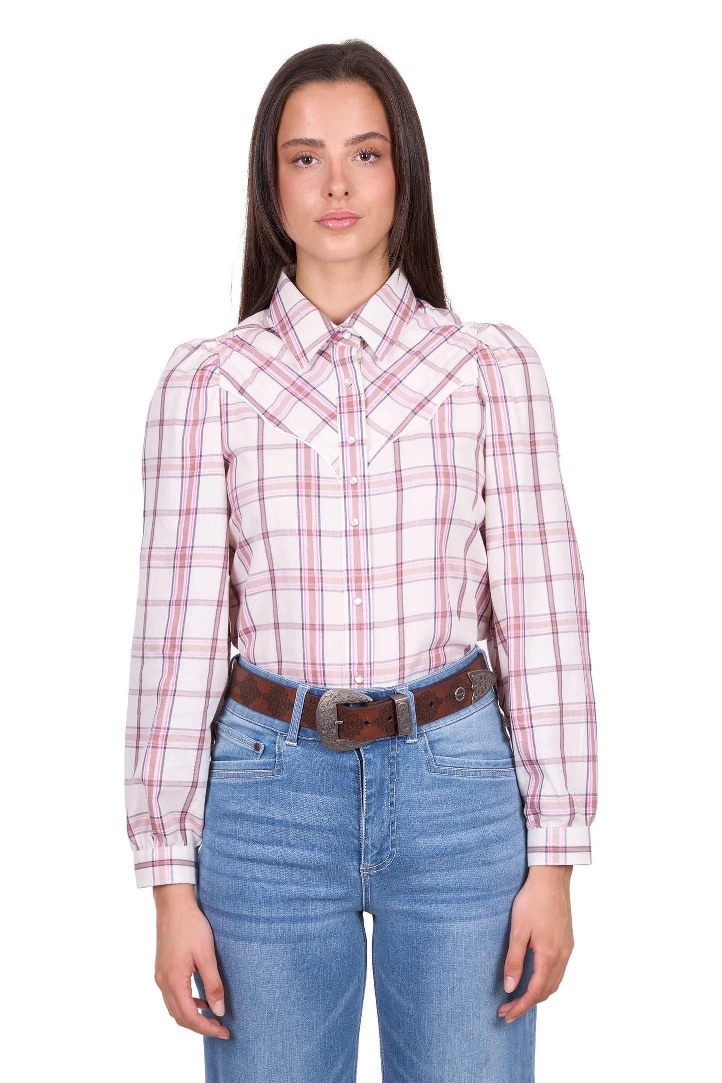 Wrangler Women’s Henley Check Western Long Sleeve Shirt – Ivory/Pink