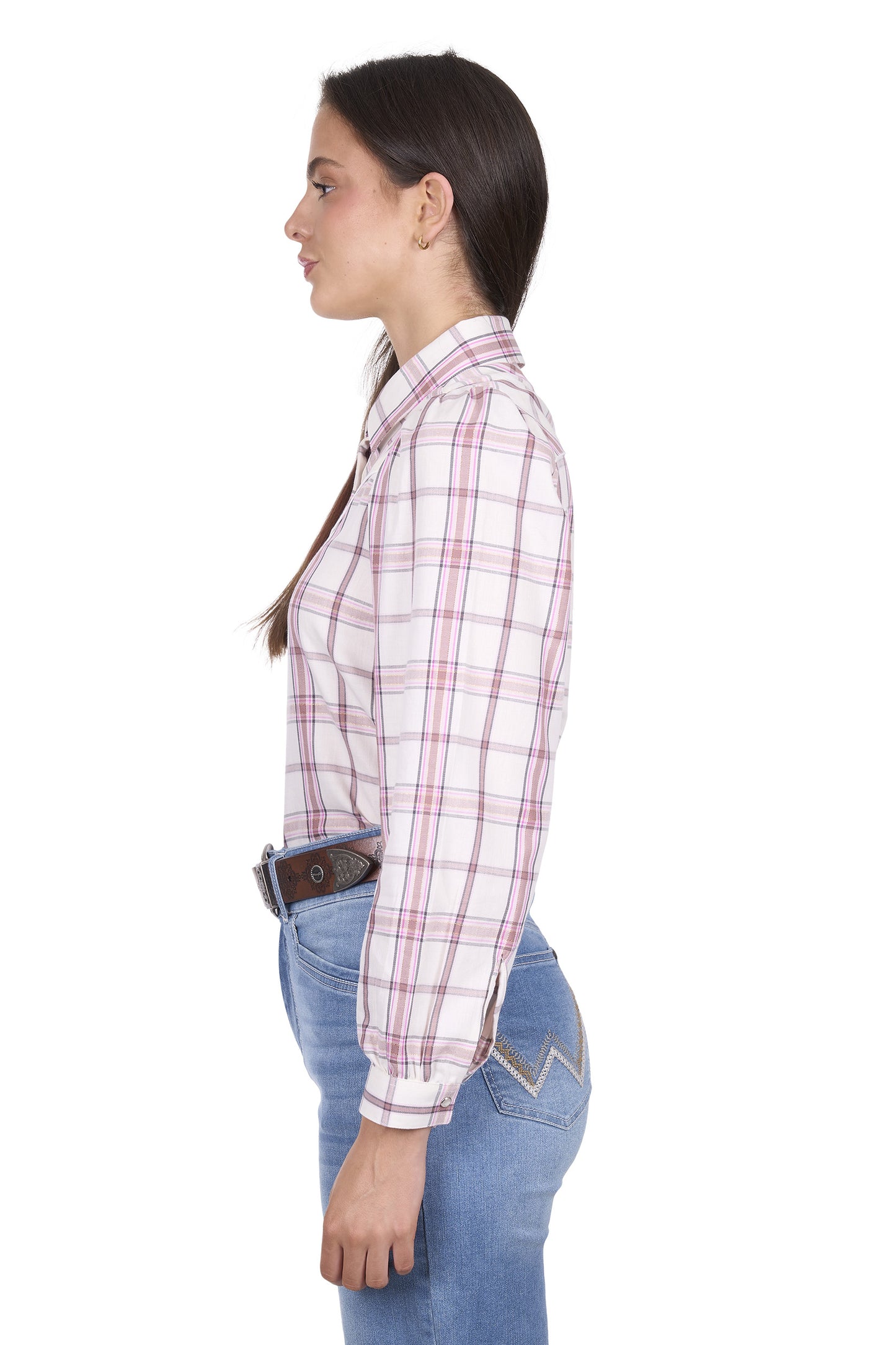 Wrangler Women’s Henley Check Western Long Sleeve Shirt – Ivory/Pink