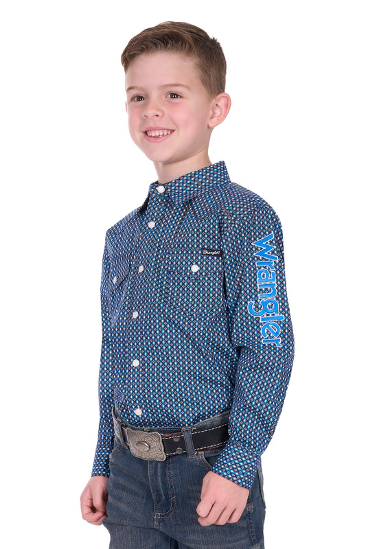 Wrangler Boy’s Kyle Print Logo Western Long Sleeve Shirt - Navy/Blue