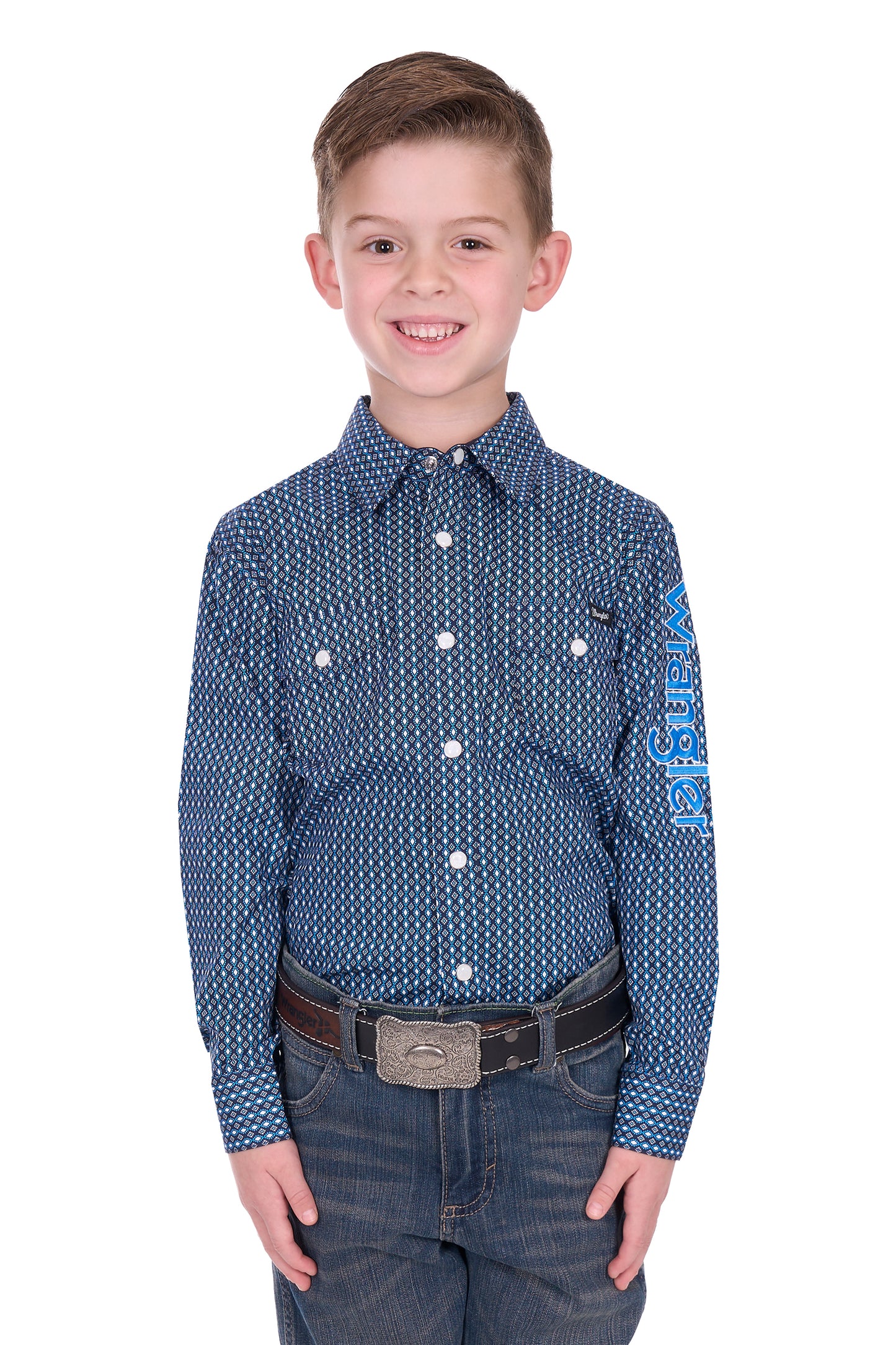 Wrangler Boy’s Kyle Print Logo Western Long Sleeve Shirt - Navy/Blue