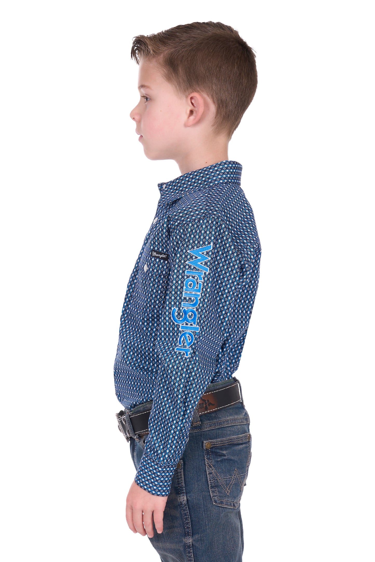 Wrangler Boy’s Kyle Print Logo Western Long Sleeve Shirt - Navy/Blue