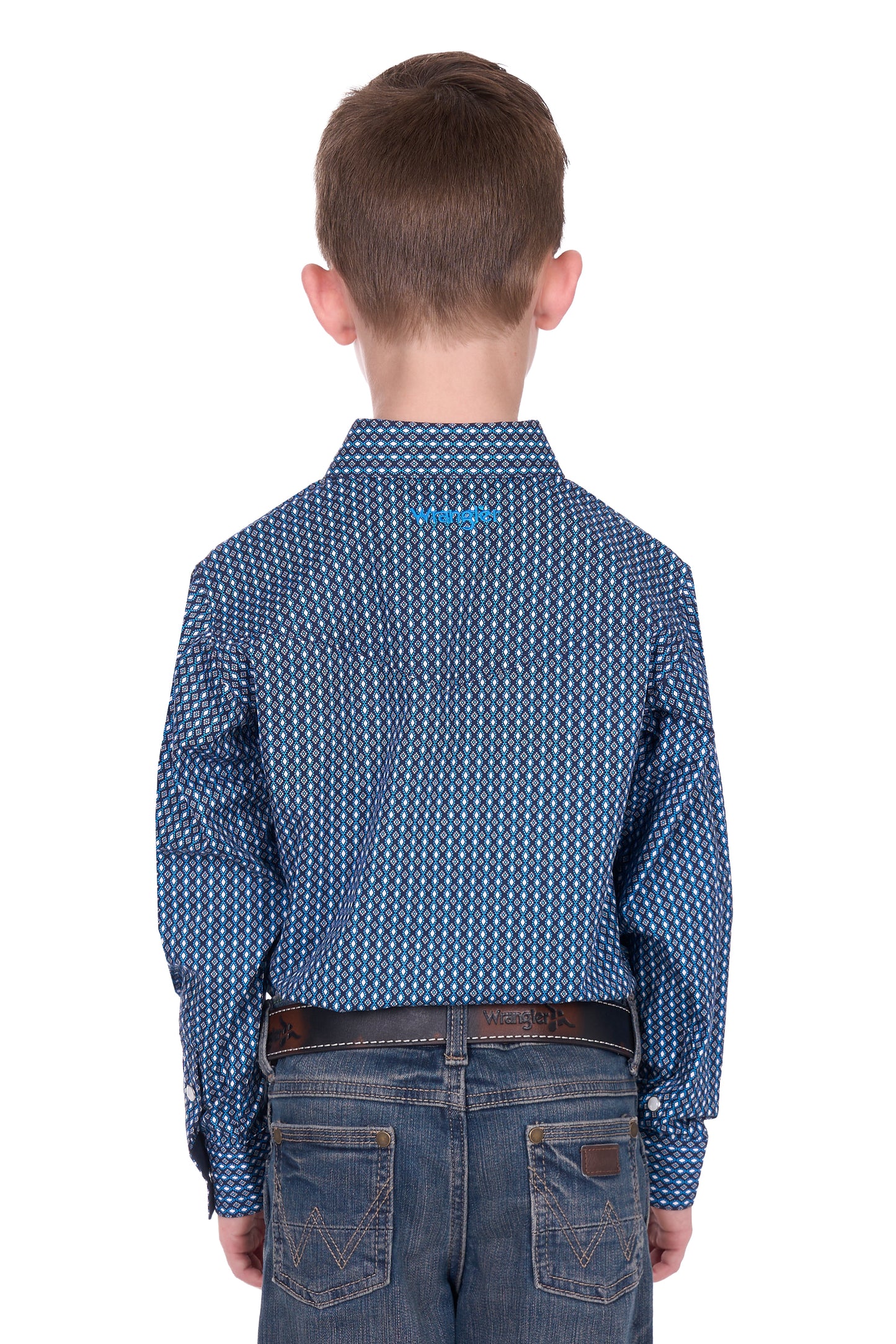 Wrangler Boy’s Kyle Print Logo Western Long Sleeve Shirt - Navy/Blue