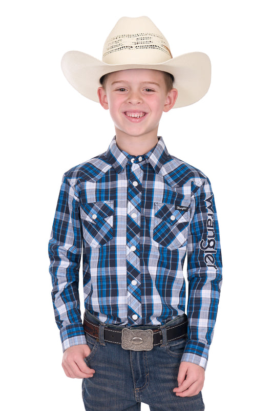 Wrangler Boy’s Tony Check Logo Western Long Sleeve Shirt - Navy/Royal