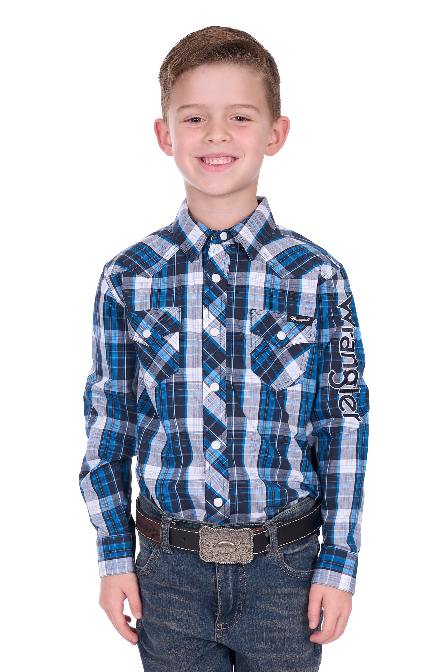 Wrangler Boy’s Tony Check Logo Western Long Sleeve Shirt - Navy/Royal