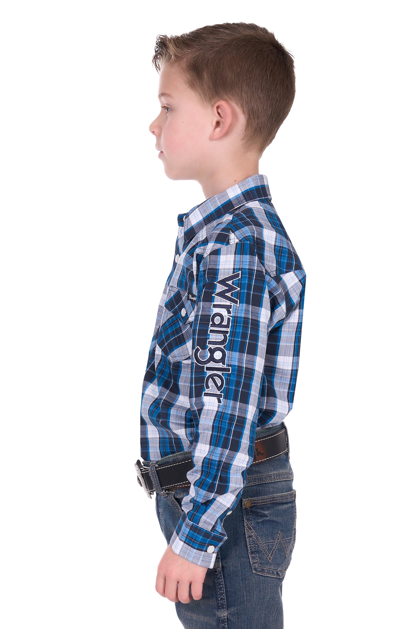 Wrangler Boy’s Tony Check Logo Western Long Sleeve Shirt - Navy/Royal