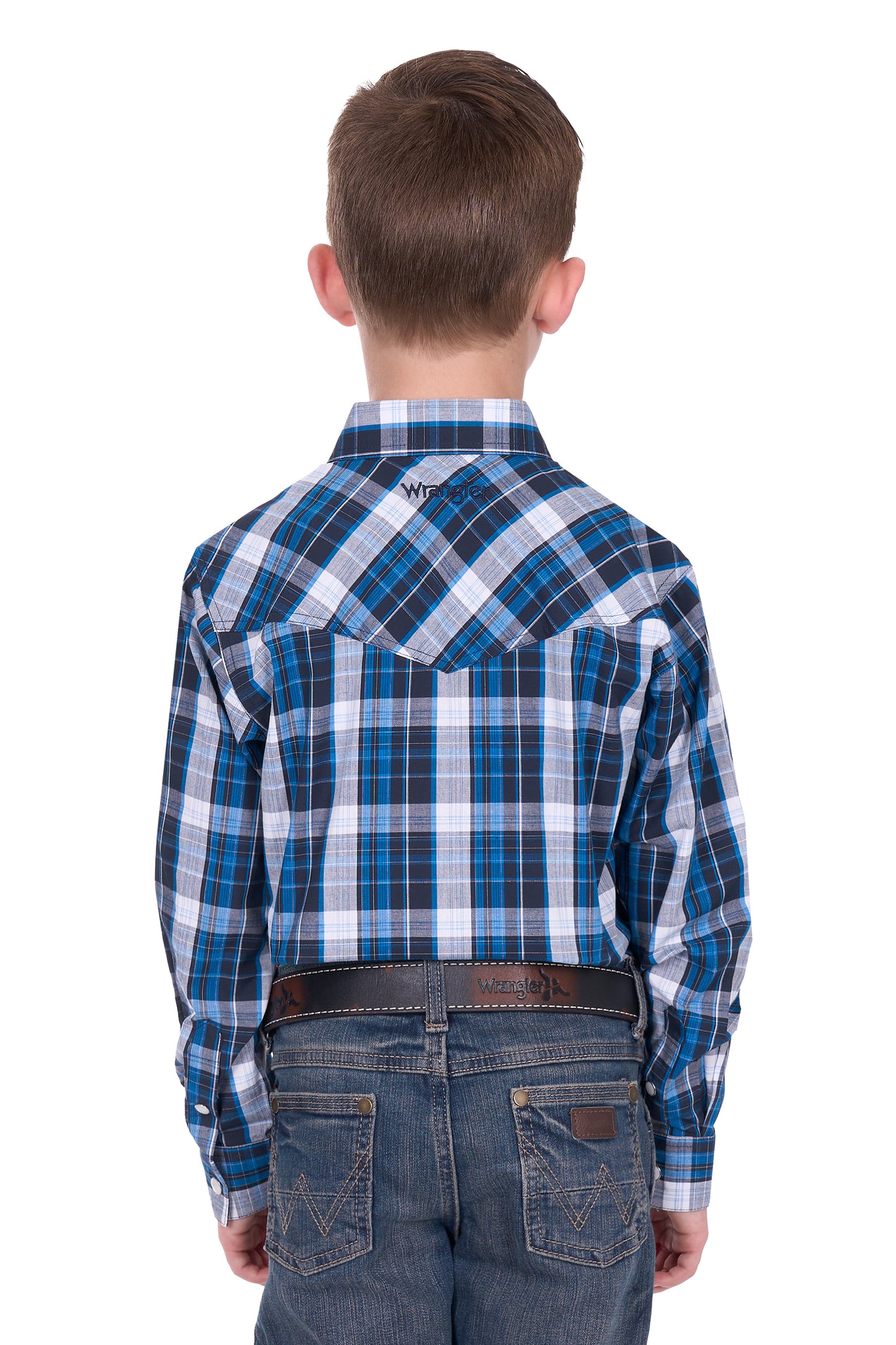 Wrangler Boy’s Tony Check Logo Western Long Sleeve Shirt - Navy/Royal