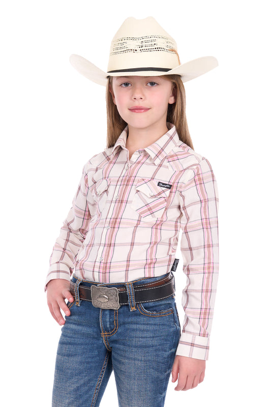 Wrangler Girl’s Henley Check Long Sleeve Shirt - Ivory/Pink