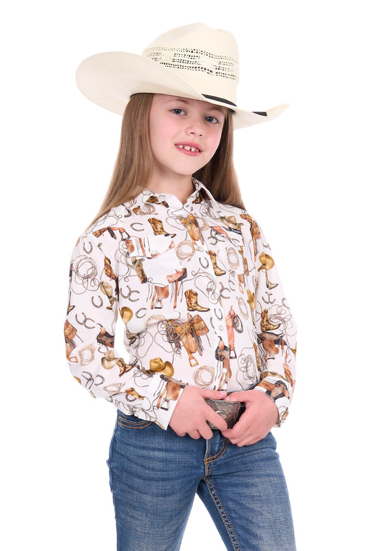Wrangler Girl’s Marilyn Print Western Logo Long Sleeve Shirt - Ivory