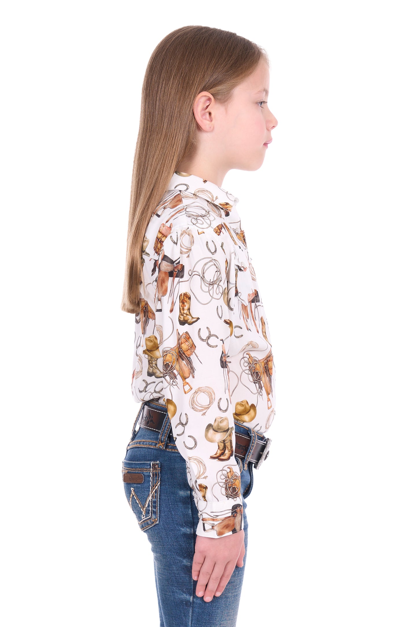 Wrangler Girl’s Marilyn Print Western Logo Long Sleeve Shirt - Ivory