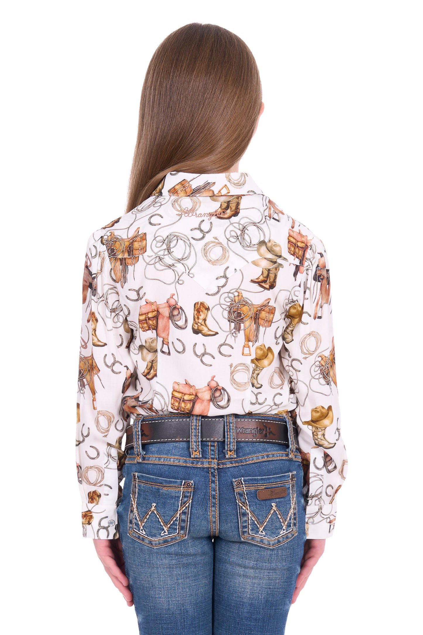 Wrangler Girl’s Marilyn Print Western Logo Long Sleeve Shirt - Ivory