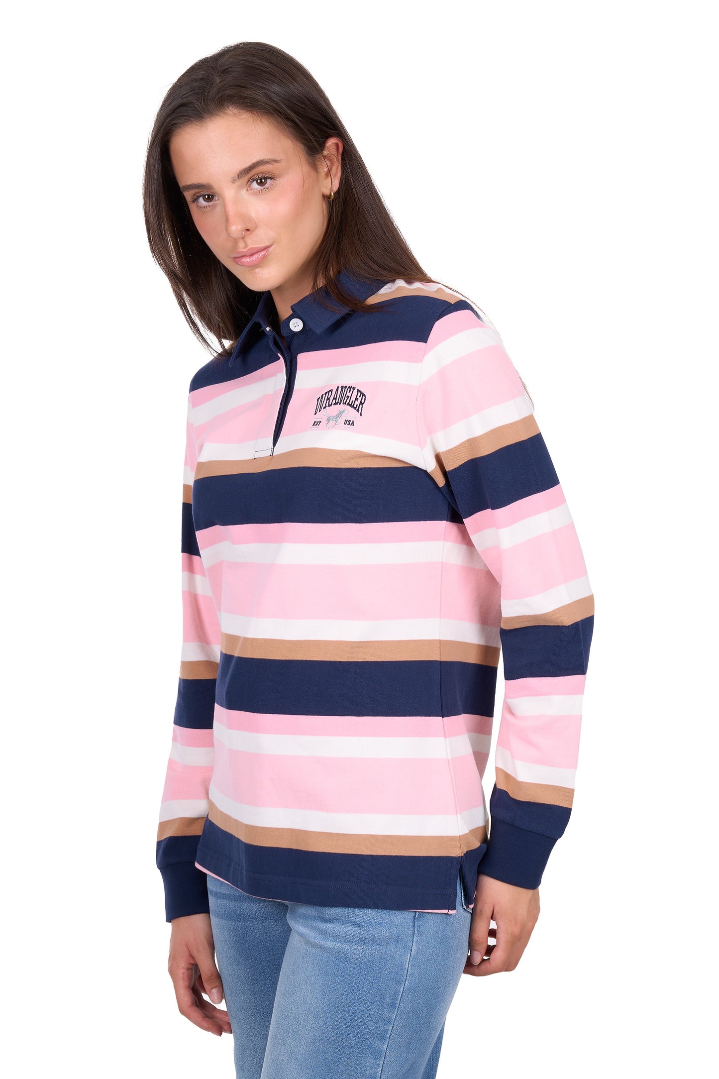 Wrangler Women’s Hollie Stripe Rugby - Pink/Navy