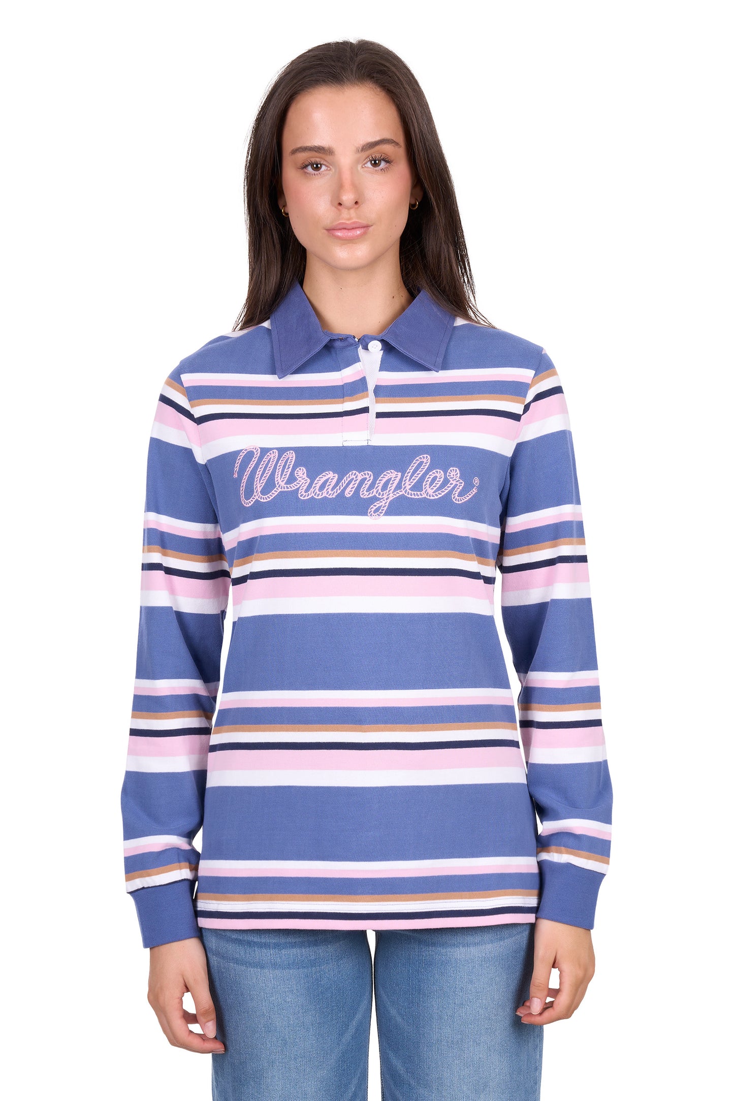 Wrangler Women’s Easton Stripe Rugby - Blue/Pink