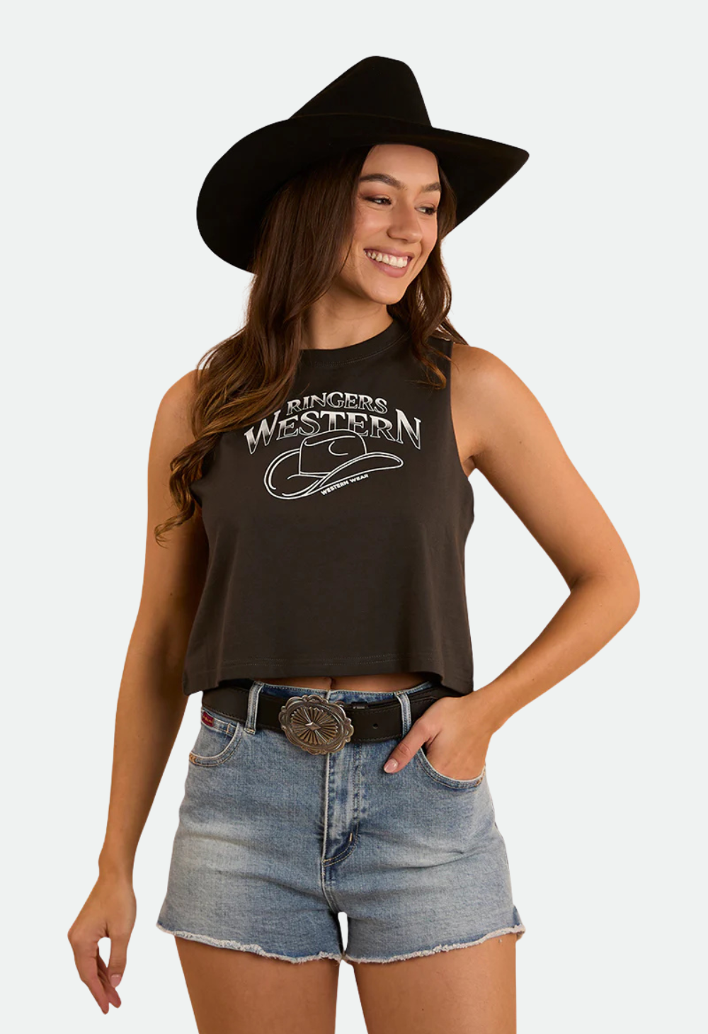 Ringers Western Womens Chasing Cowboys Crop Muscle Tank - Charcoal