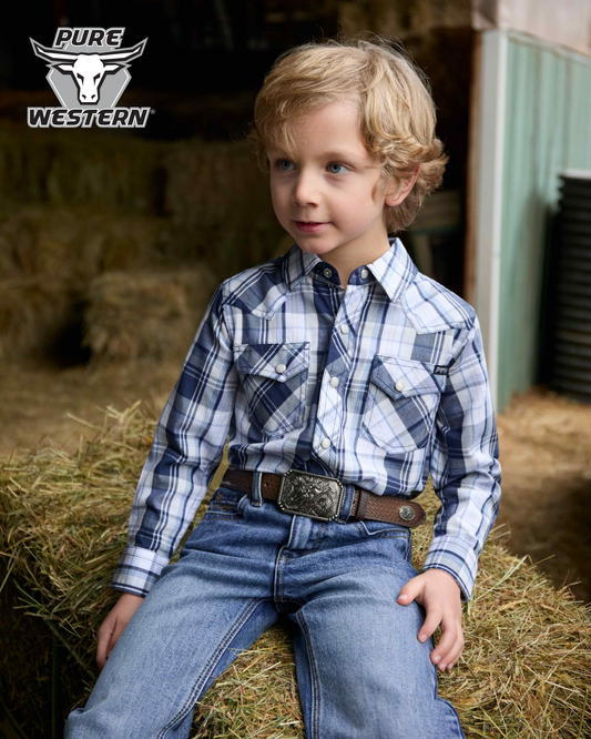 Pure Western Boy’s Billy Check Western Long Sleeve Shirt – Navy/White